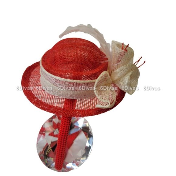 Red Top Hat Fascinator with Cream colored Feathers and Rosettes on Headband - Picture 5 of 14